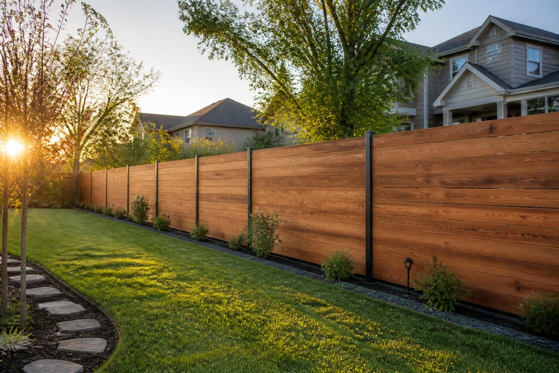 Cedar privacy fence with steel posts in a Kansas City backyard